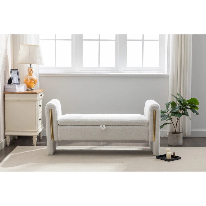 Velvet upholstered storage bench, a bedroom bench, featuring gold metal accents, suitable for indoor spaces such as living rooms and bedrooms.