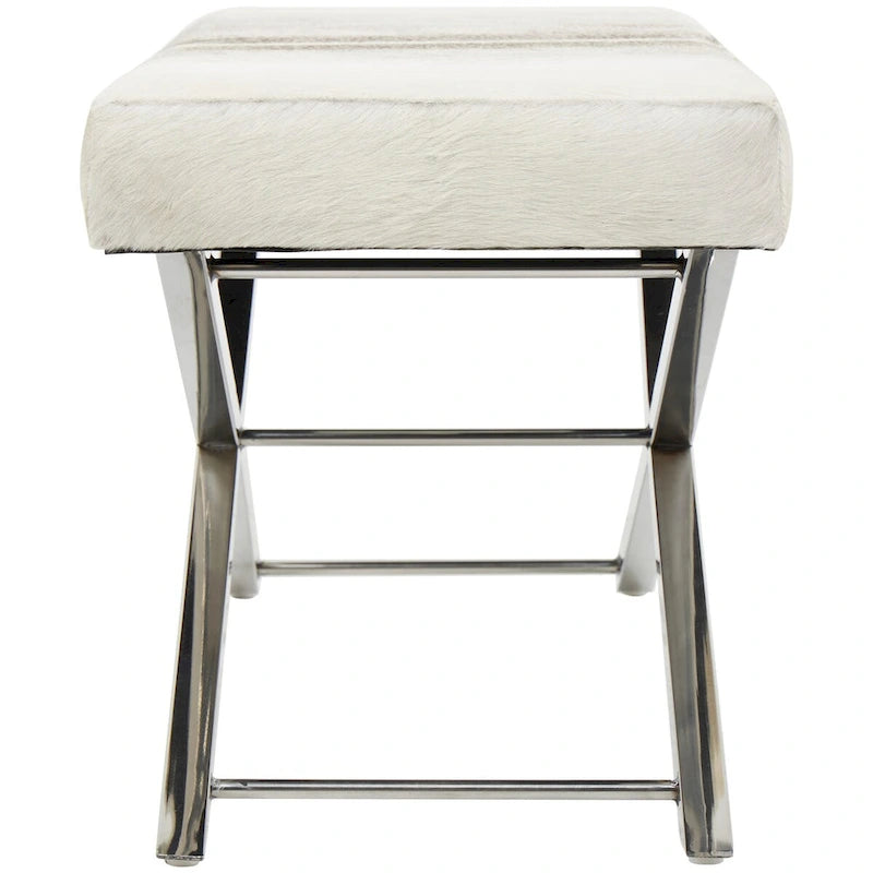 Leather Bench Or Stool With A Silver X-Shaped Stainless Steel Base - Available In Beige Or Gray.
