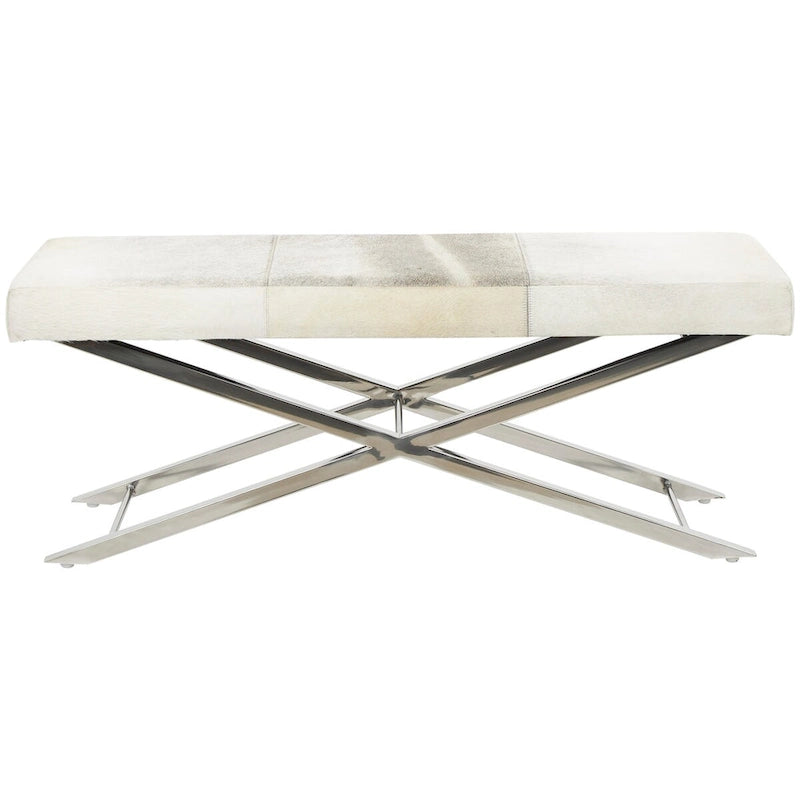 Leather Bench Or Stool With A Silver X-Shaped Stainless Steel Base - Available In Beige Or Gray.