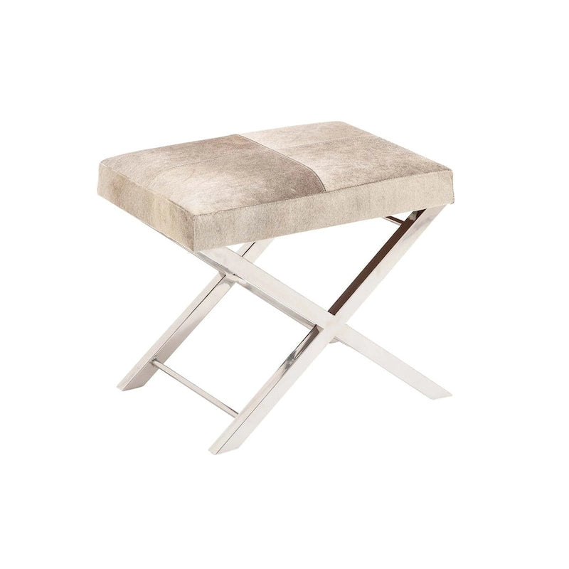 Leather Bench Or Stool With A Silver X-Shaped Stainless Steel Base - Available In Beige Or Gray.