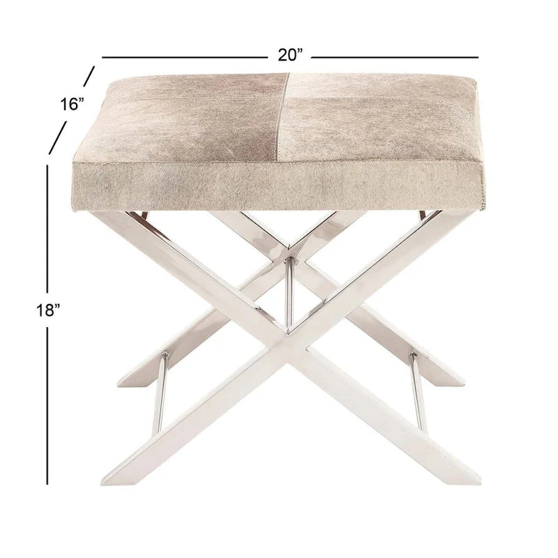 Leather Bench Or Stool With A Silver X-Shaped Stainless Steel Base - Available In Beige Or Gray.