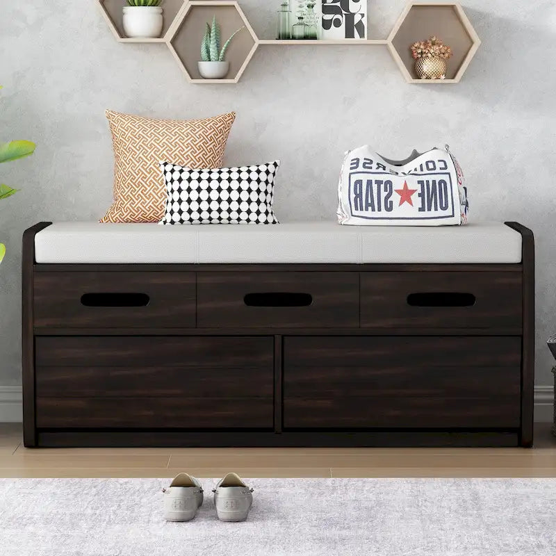 Rustic Storage Bench with 2 Drawers, Hidden Storage Space, and 3 False Drawers at the Top, Shoe Bench for Living Room, Entryway