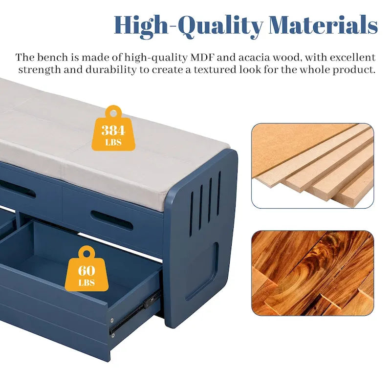 Rustic Storage Bench with 2 Drawers, Hidden Storage Space, and 3 False Drawers at the Top, Shoe Bench for Living Room, Entryway