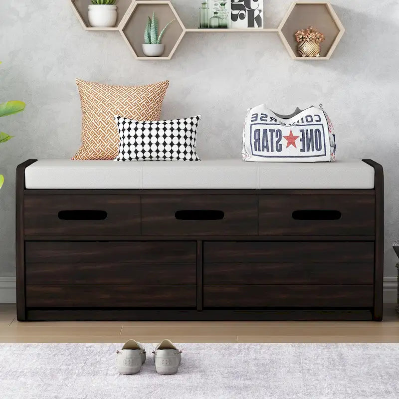 Rustic Storage Bench with 2 Drawers, Hidden Storage Space, and 3 False Drawers at the Top, Shoe Bench for Living Room, Entryway