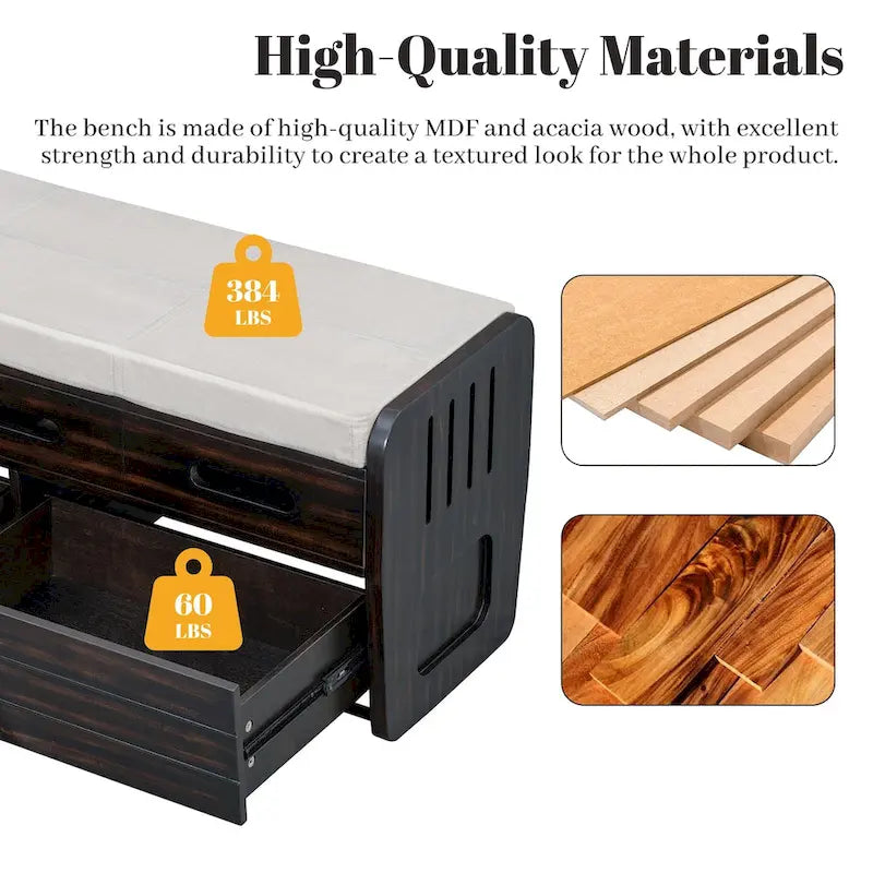 Rustic Storage Bench with 2 Drawers, Hidden Storage Space, and 3 False Drawers at the Top, Shoe Bench for Living Room, Entryway