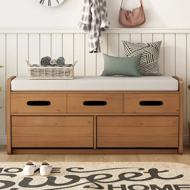 Rustic Storage Bench with 2 Drawers, Hidden Storage Space, and 3 False Drawers at the Top, Shoe Bench for Living Room, Entryway