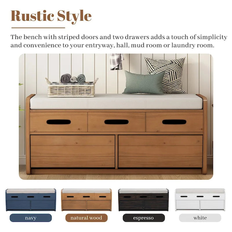 Rustic Storage Bench with 2 Drawers, Hidden Storage Space, and 3 False Drawers at the Top, Shoe Bench for Living Room, Entryway