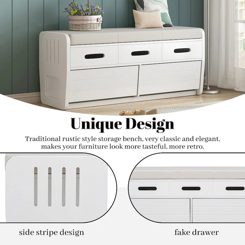 Rustic Storage Bench with 2 Drawers, Hidden Storage Space, and 3 False Drawers at the Top, Shoe Bench for Living Room, Entryway