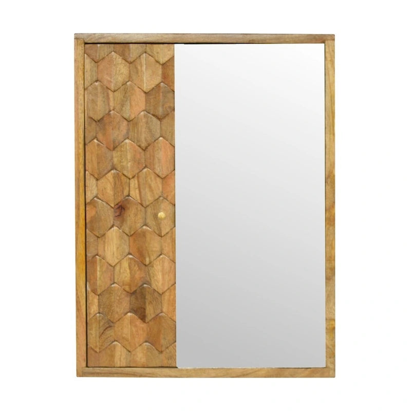 Solid Mango Wood Pineapple Carved Sliding Mirror Cabinet With Storage Shelves For Bathroom Or Hallway