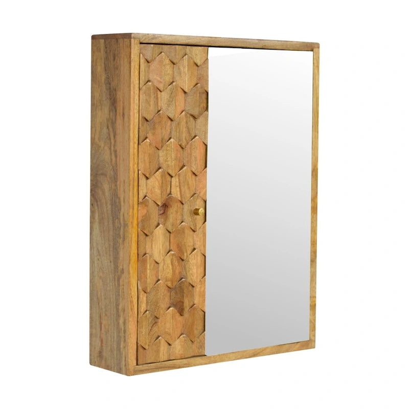 Solid Mango Wood Pineapple Carved Sliding Mirror Cabinet With Storage Shelves For Bathroom Or Hallway