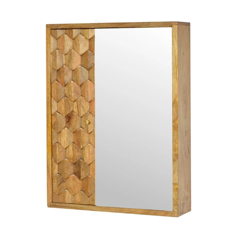 Solid Mango Wood Pineapple Carved Sliding Mirror Cabinet With Storage Shelves For Bathroom Or Hallway