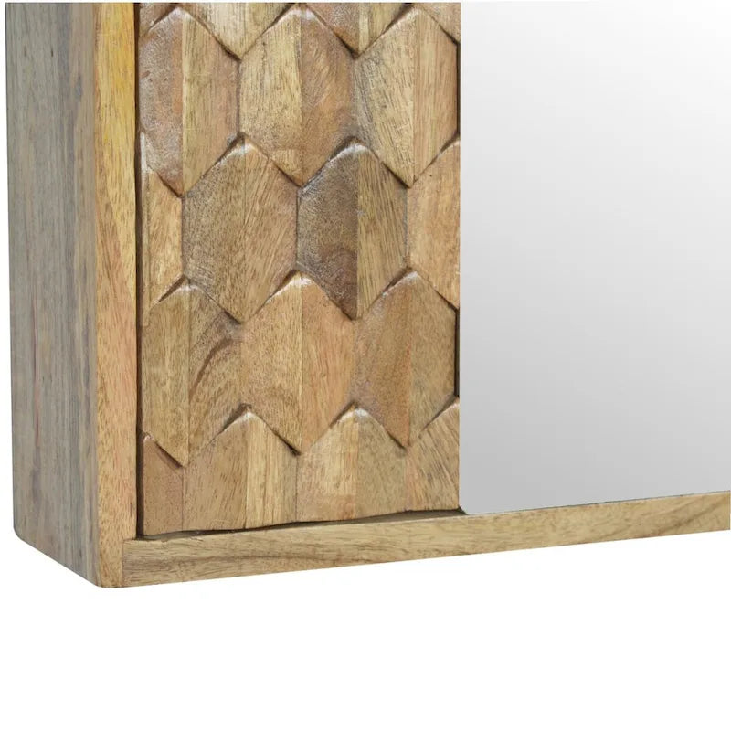 Solid Mango Wood Pineapple Carved Sliding Mirror Cabinet With Storage Shelves For Bathroom Or Hallway