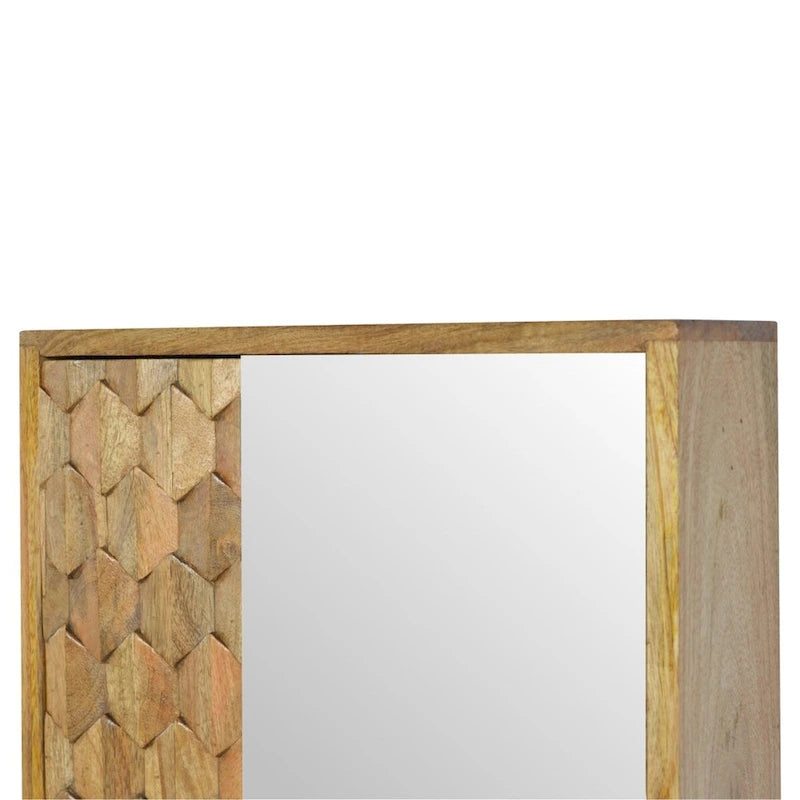 Solid Mango Wood Pineapple Carved Sliding Mirror Cabinet With Storage Shelves For Bathroom Or Hallway