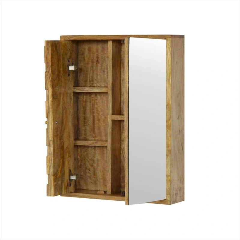 Solid Mango Wood Pineapple Carved Sliding Mirror Cabinet With Storage Shelves For Bathroom Or Hallway