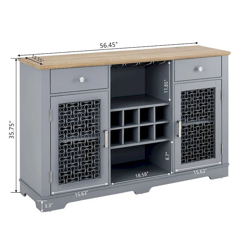 A 56.46-inch wide sideboard with two drawers and elegant glass-door cabinets.