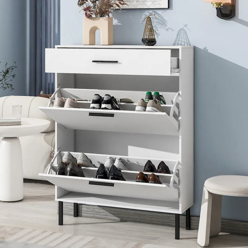 Shoe Cabinet, Freestanding Rack Storage Organizer with Drawers & Metal Legs, Storage Cabinet with 2 Flip Drawers for Entryway