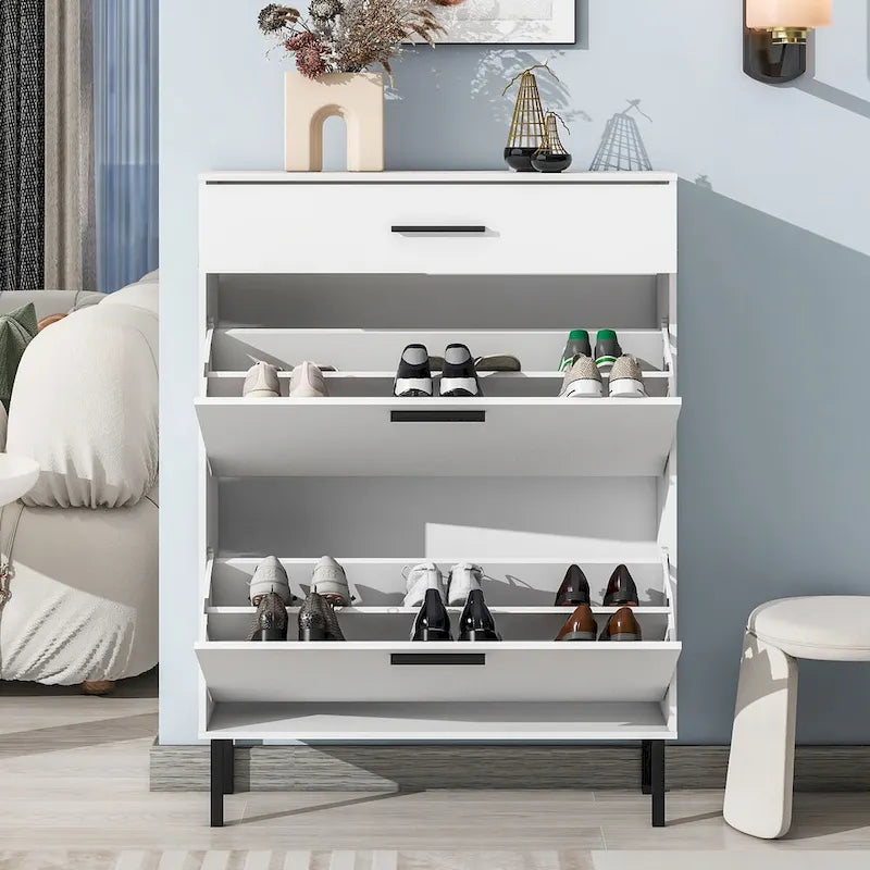 Shoe Cabinet, Freestanding Rack Storage Organizer with Drawers & Metal Legs, Storage Cabinet with 2 Flip Drawers for Entryway