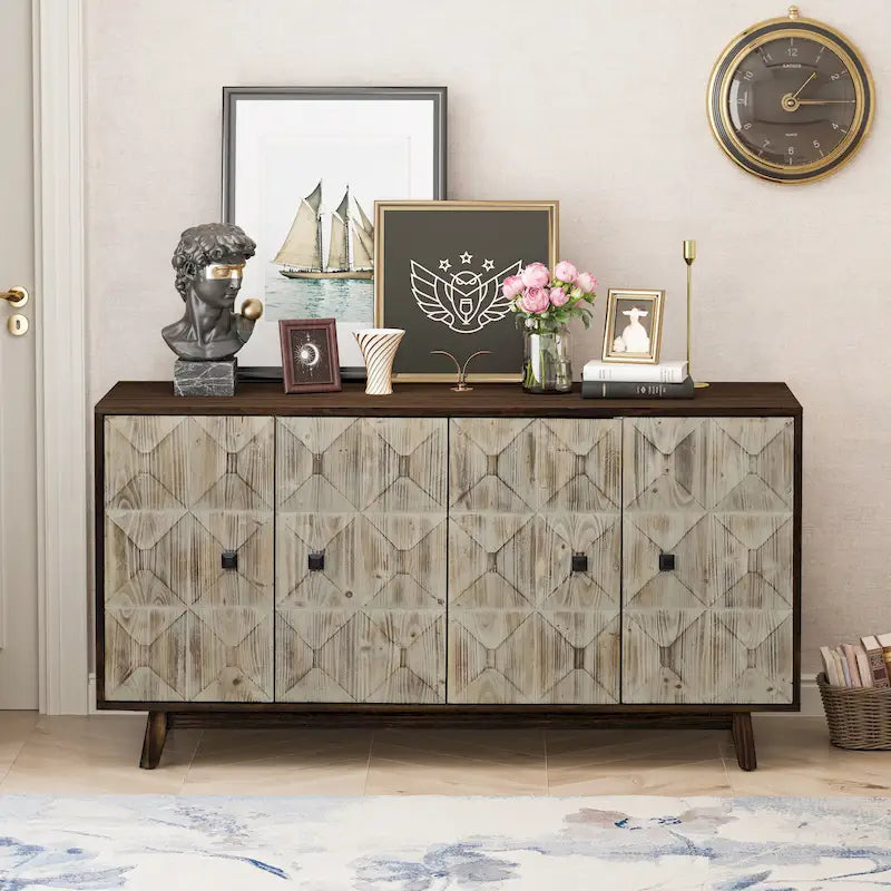 Retro Embossed 4-Door Sideboard, 59.84" Long With Adjustable Shelves, Elm Wood Top & Pine Wood Legs