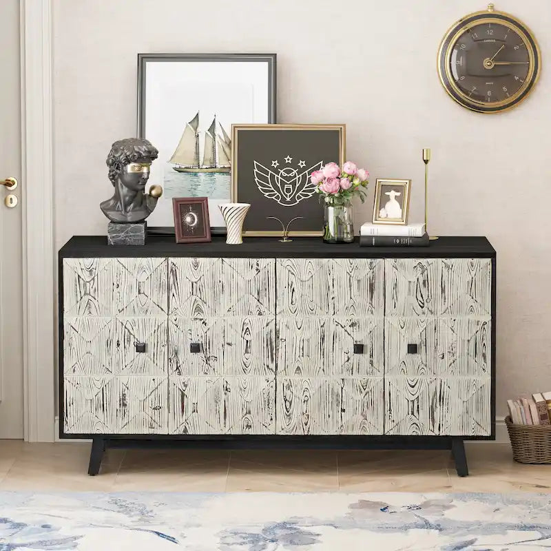 Retro Embossed 4-Door Sideboard, 59.84" Long With Adjustable Shelves, Elm Wood Top & Pine Wood Legs