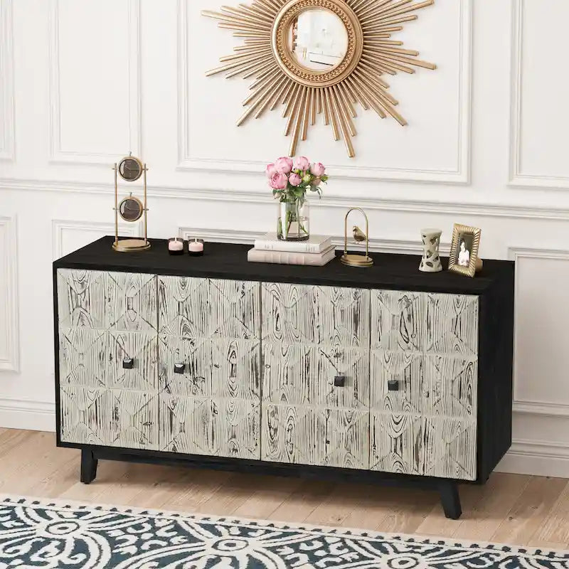 Retro Embossed 4-Door Sideboard, 59.84" Long With Adjustable Shelves, Elm Wood Top & Pine Wood Legs
