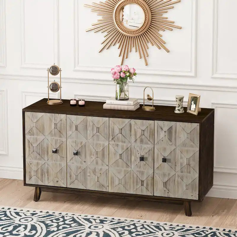 Retro Embossed 4-Door Sideboard, 59.84" Long With Adjustable Shelves, Elm Wood Top & Pine Wood Legs