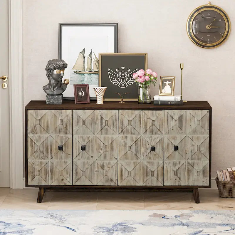 Retro Embossed 4-Door Sideboard, 59.84" Long With Adjustable Shelves, Elm Wood Top & Pine Wood Legs