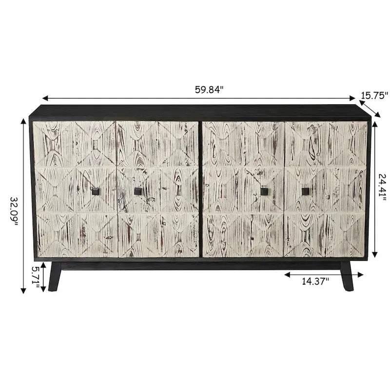 Retro Embossed 4-Door Sideboard, 59.84" Long With Adjustable Shelves, Elm Wood Top & Pine Wood Legs