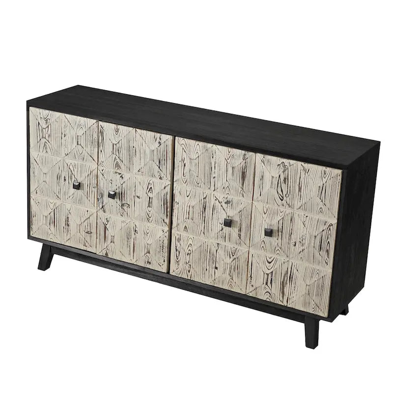 Retro Embossed 4-Door Sideboard, 59.84" Long With Adjustable Shelves, Elm Wood Top & Pine Wood Legs