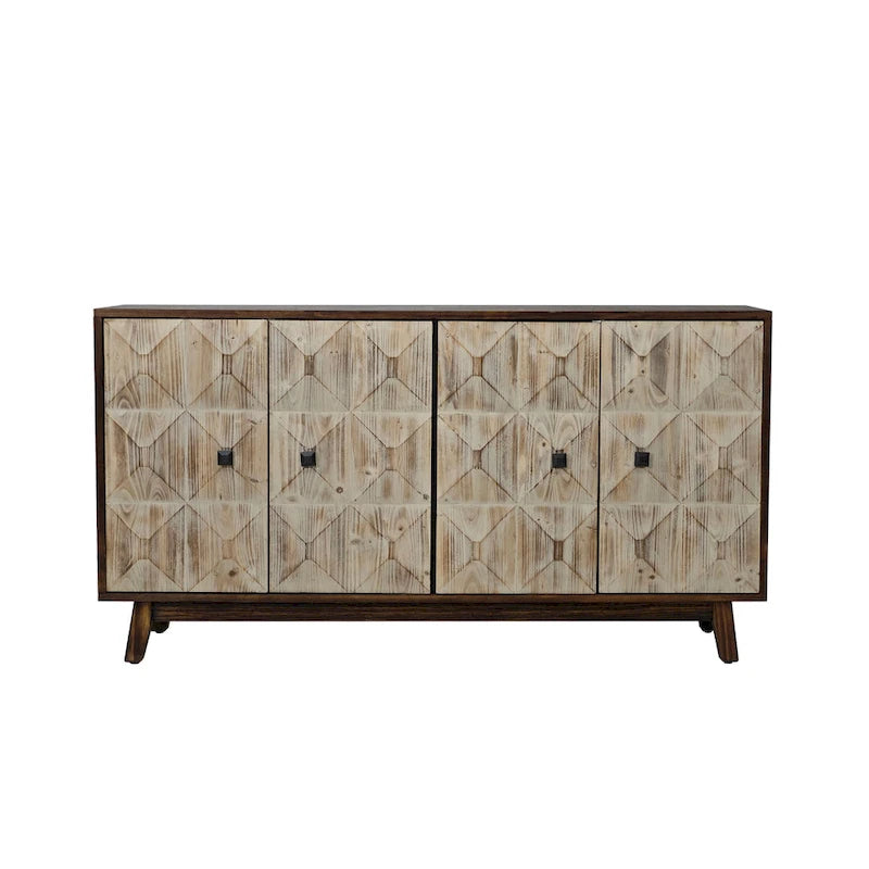 Retro Embossed 4-Door Sideboard, 59.84" Long With Adjustable Shelves, Elm Wood Top & Pine Wood Legs