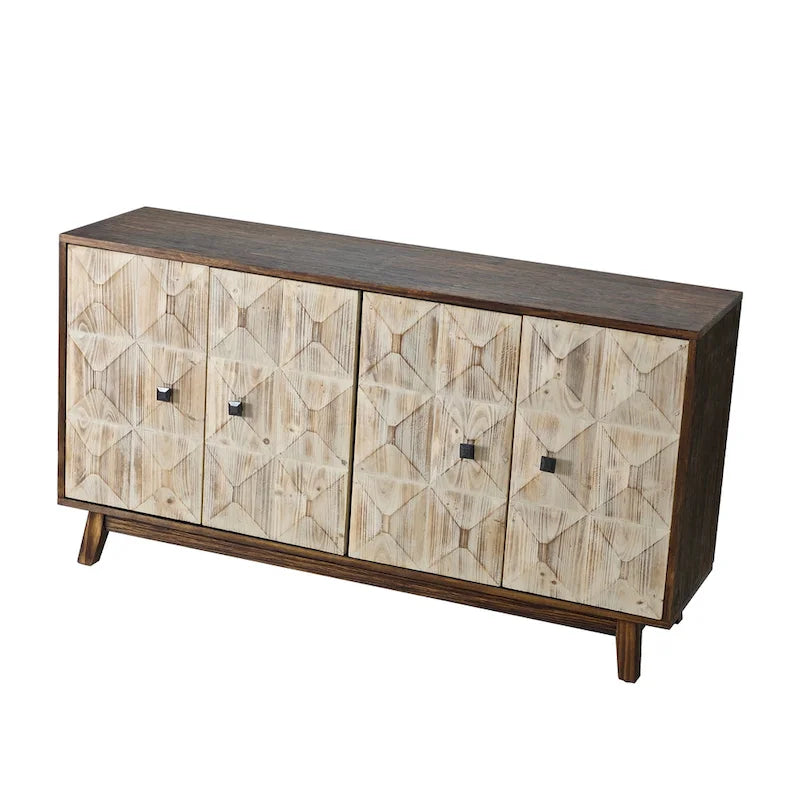 Retro Embossed 4-Door Sideboard, 59.84" Long With Adjustable Shelves, Elm Wood Top & Pine Wood Legs