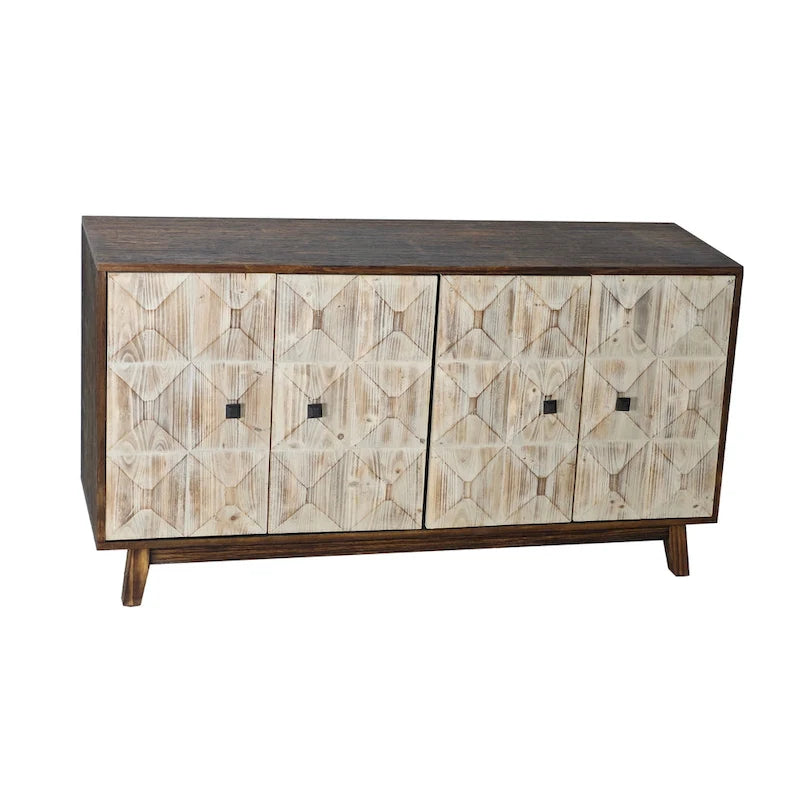 Retro Embossed 4-Door Sideboard, 59.84" Long With Adjustable Shelves, Elm Wood Top & Pine Wood Legs