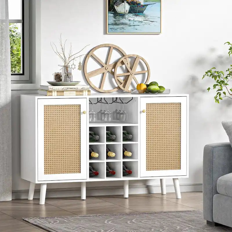 Modern double-door kitchen sideboard/storage cabinet with wine rack and glass holder.