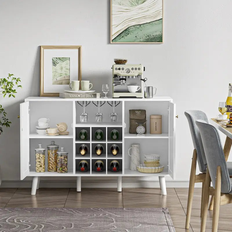 Modern double-door kitchen sideboard/storage cabinet with wine rack and glass holder.