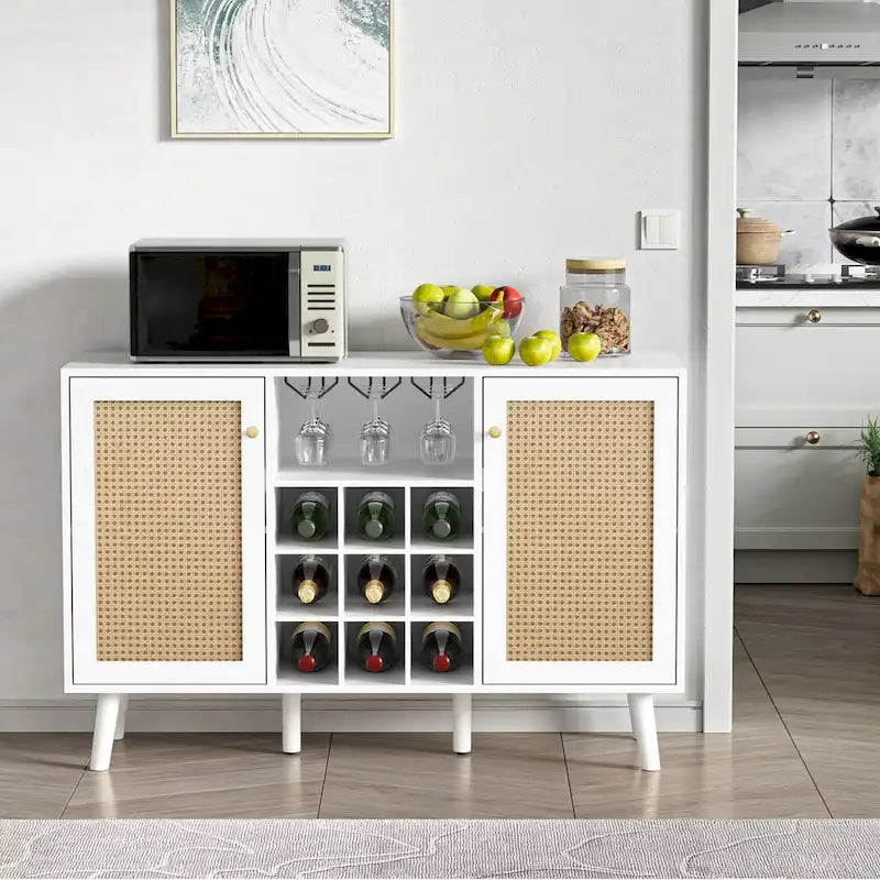 Modern double-door kitchen sideboard/storage cabinet with wine rack and glass holder.