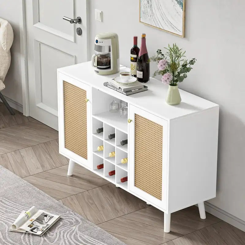 Modern double-door kitchen sideboard/storage cabinet with wine rack and glass holder.