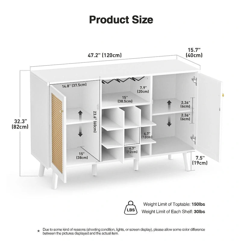 Modern double-door kitchen sideboard/storage cabinet with wine rack and glass holder.
