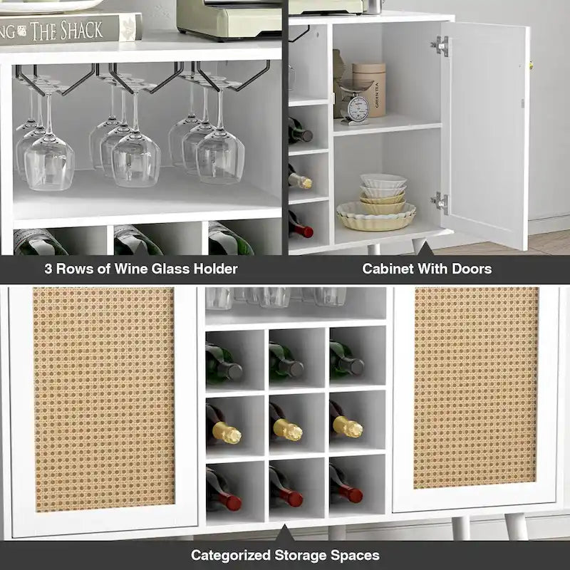 Modern double-door kitchen sideboard/storage cabinet with wine rack and glass holder.