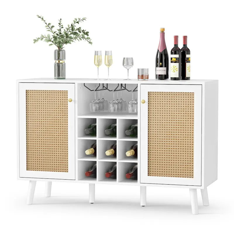 Modern double-door kitchen sideboard/storage cabinet with wine rack and glass holder.