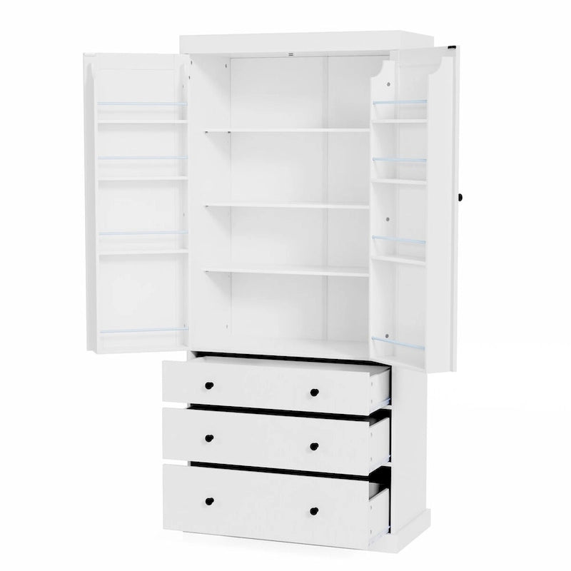 77inch Kitchen Pantry, Freestanding Tall Cupboard Storage Cabinet with 3 Adjustable Shelves,8 Door Shelves,3 Drawers for Kitchen