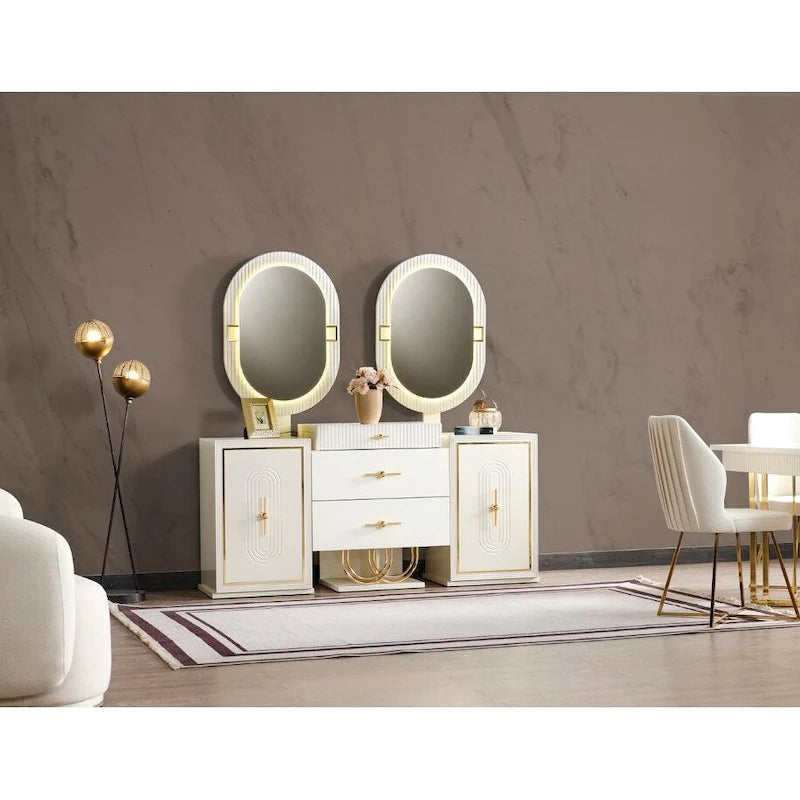 Sideboard with Mirror, High Gloss White, Steel Base