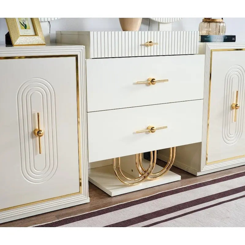 Sideboard with Mirror, High Gloss White, Steel Base
