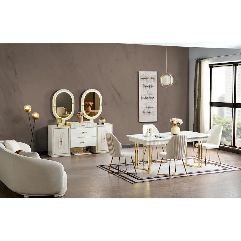 Sideboard with Mirror, High Gloss White, Steel Base
