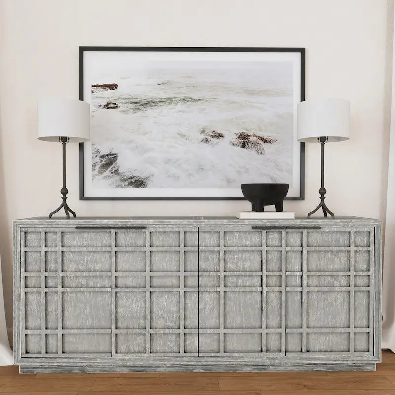 Modern Grid Pattern Reclaimed Pine Sideboard, 86" Long With Adjustable Shelves & Wire Management