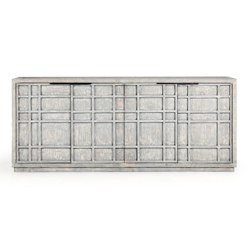 Modern Grid Pattern Reclaimed Pine Sideboard, 86" Long With Adjustable Shelves & Wire Management