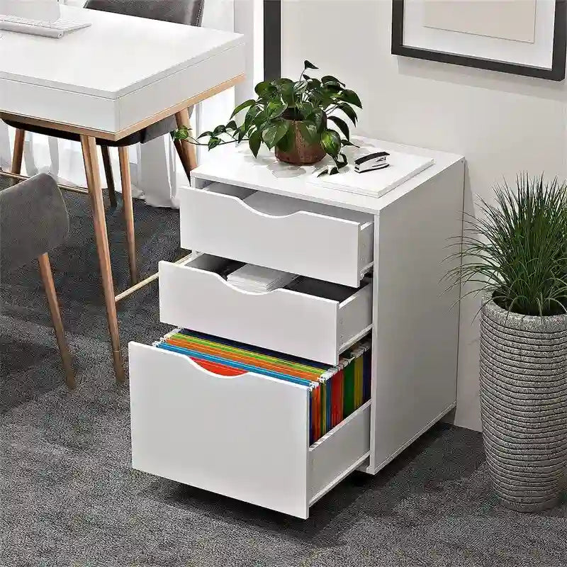 Mobile Three-Drawer Filing Cabinet With Lockable Wheels – Suitable For Storing Letter-Size/Legal-Size Documents And A4 Folders.