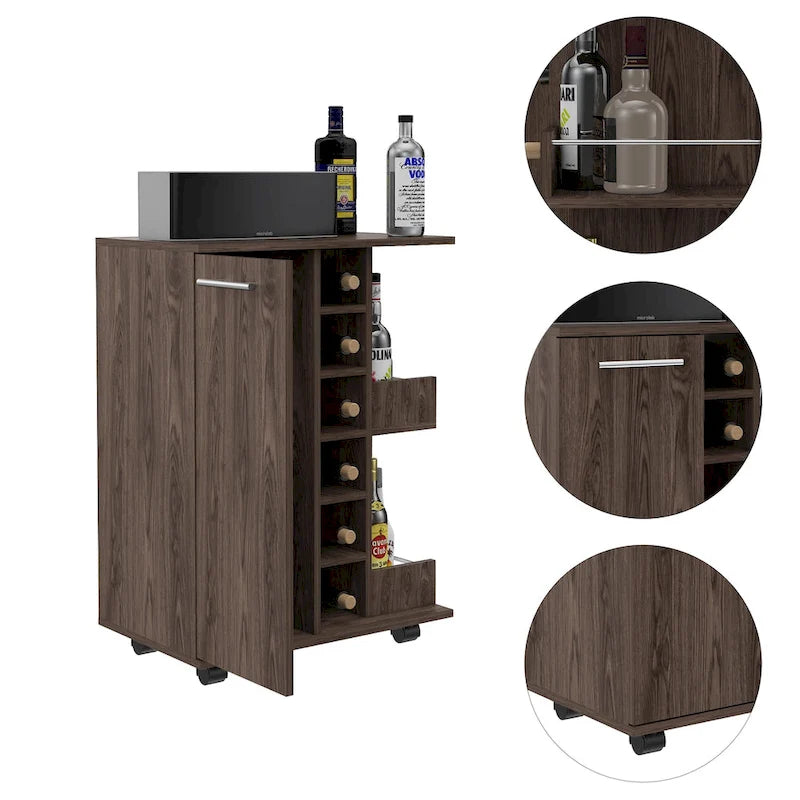 Double-layered bar cart with dividers, holds six bottles.