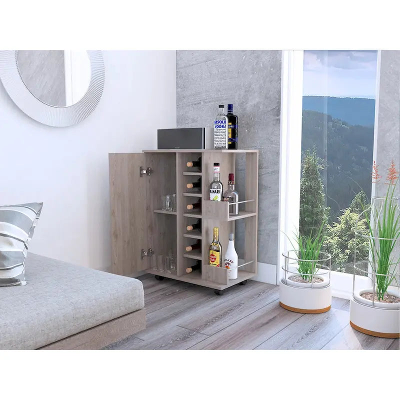 Double-layered bar cart with dividers, holds six bottles.