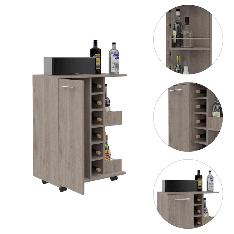 Double-layered bar cart with dividers, holds six bottles.