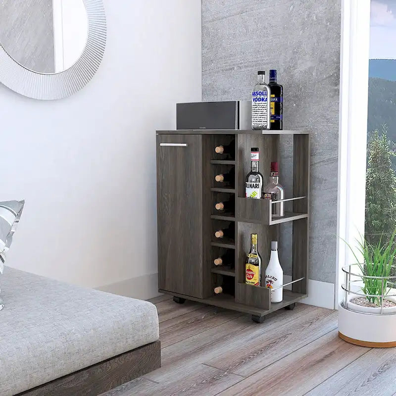 Double-layered bar cart with dividers, holds six bottles.