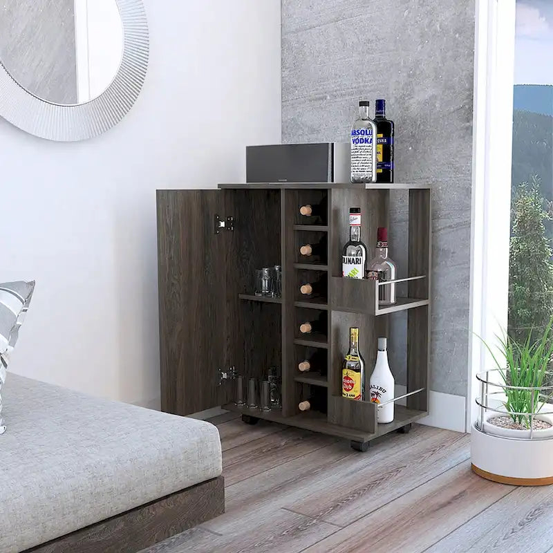 Double-layered bar cart with dividers, holds six bottles.